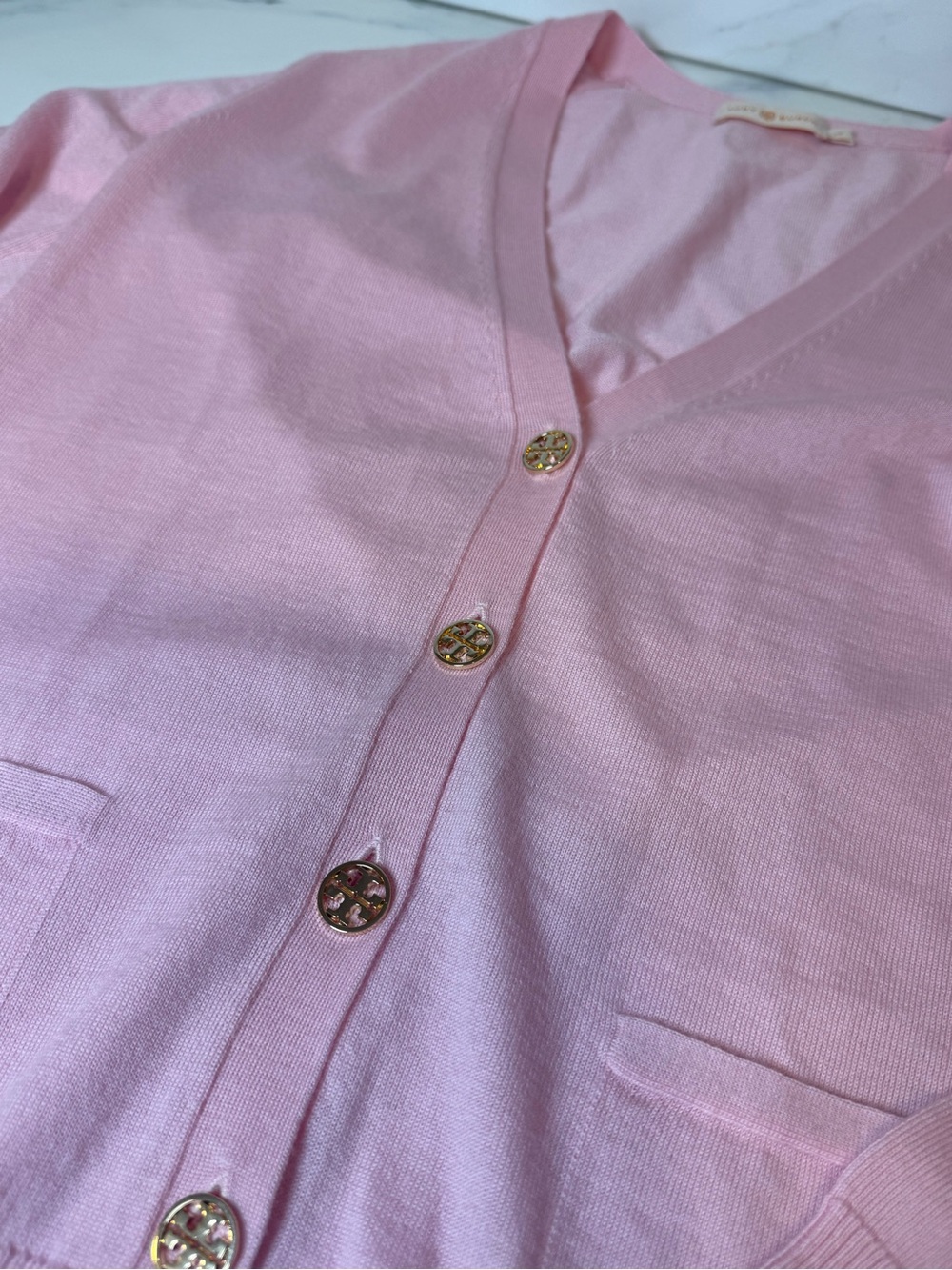 Tory Burch baby pink gold button cardigan - Picture 4 of 9